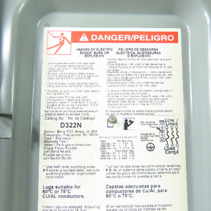 Square D D322N 60A Fusible Safety Disconnect Switch 240VAC