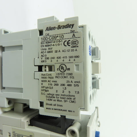 Allen-Bradley 100-C09*10 9A 600V Contactor 120V Coil w/ 193-EECB Relay 1-5A