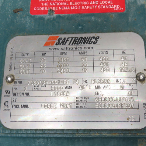 Saftronics 7369039-001-EK 75HP Dual Rated 75/40Hp 1150/3450RPM Motor 460VAC 40Hz