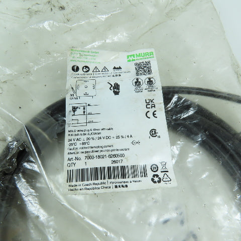 Murrelektronik 7000-18021-6260500 MSUD Valve Plug 18mm 5m PUR Cable 24V AC/DC 4A