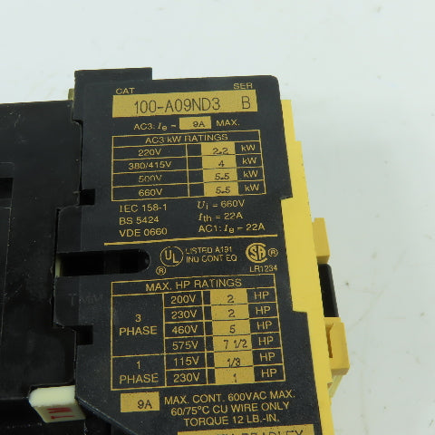 Allen-Bradley 100-A09ND3 9A 3-Pole Contactor 120V Coil 1.0-1.6A Overload