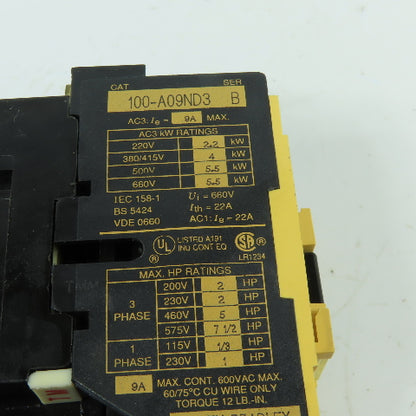 Allen-Bradley 100-A09ND3 9A 3-Pole Contactor 120V Coil 1.0-1.6A Overload