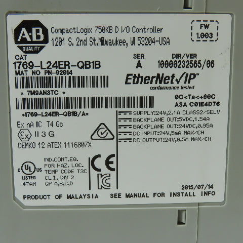 Allen-Bradley PN-92014 1769-L24ER-QB1B CompactLogix 5370 PLC Controller 24VDC
