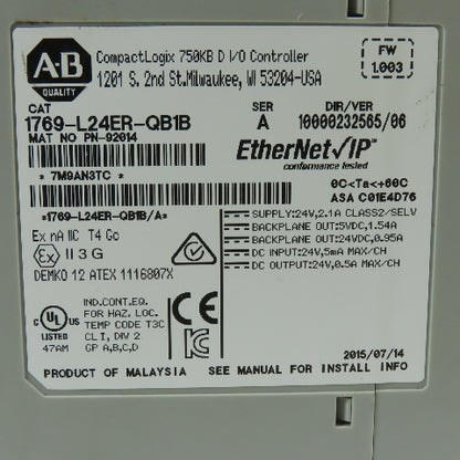Allen-Bradley PN-92014 1769-L24ER-QB1B CompactLogix 5370 PLC Controller 24VDC