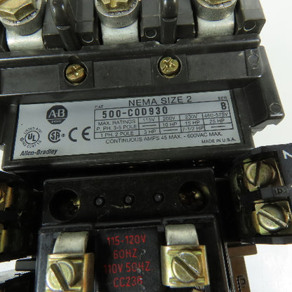Allen-Bradley 500-COD930 45A 3-Pole NEMA Size 2 AC Contactor 115-120V Coil