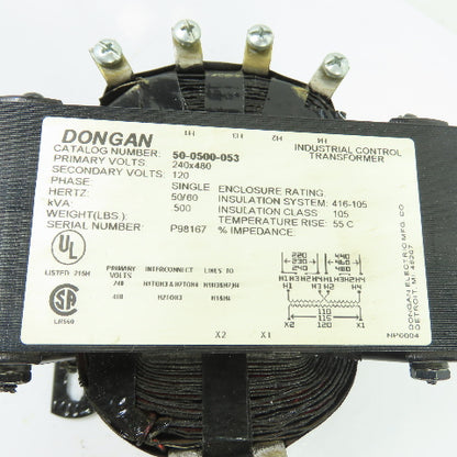 Dongan 50-0500-053 0.5KVA Control Transformer 240/480V Pri 120V Sec