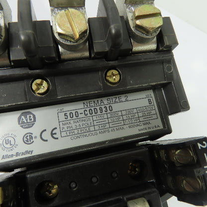 Allen-Bradley 500-COD930 NEMA Size 2 3-Pole AC Contactor 120V Coil 600VAC Ser B