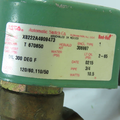 ASCO X8222A4909473 3/4" 2-Way Brass Angle Body Steam/Oil Solenoid Valve 120V