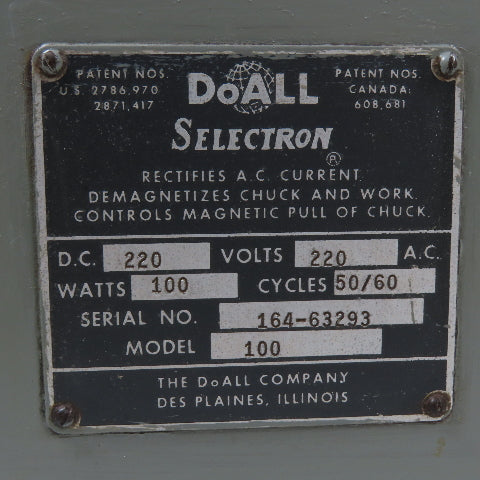 DoALL 100 Selectron Magnetic Chuck Control Rectifier 220V AC/DC
