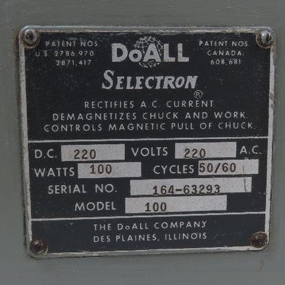 DoALL 100 Selectron Magnetic Chuck Control Rectifier 220V AC/DC