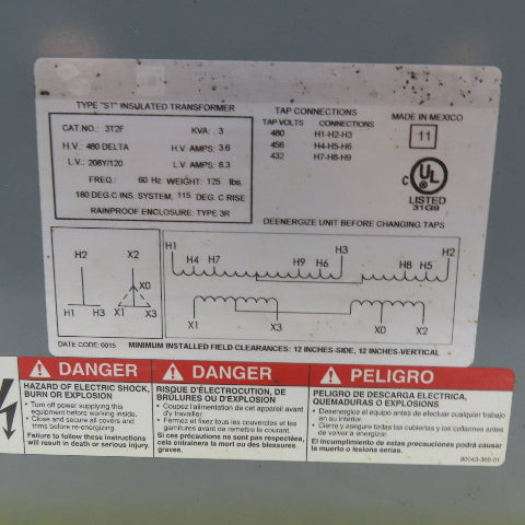 Square D 3T2F 3KVA Dry Type Transformer 480V Pri 208Y/120V Sec 3-Phase Tested