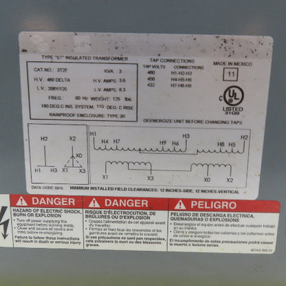 Square D 3T2F 3KVA Dry Type Transformer 480V Pri 208Y/120V Sec 3-Phase Tested
