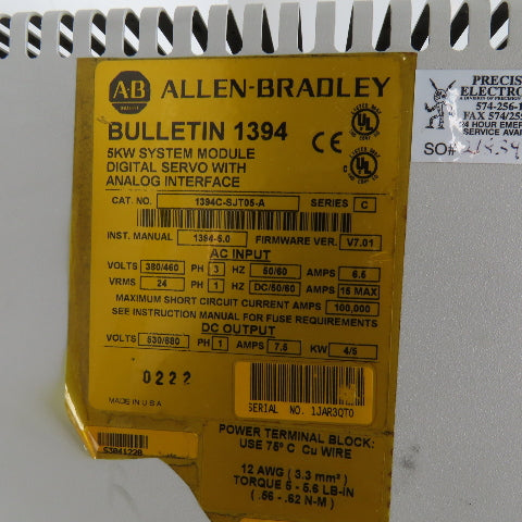 Allen-Bradley 1394C-SJT05-A 5kW Servo Controller System Module 380/460VAC