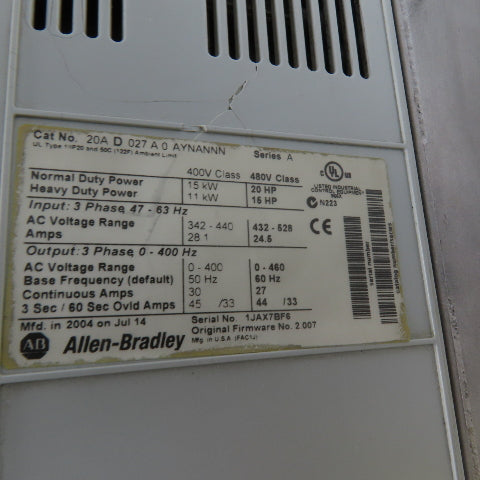 Allen-Bradley 20AD027A0AYNANNN 20HP AC Variable Frequency Drive 480VAC 3-Phase