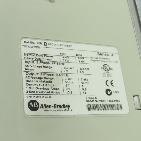 Allen-Bradley 20BD8P0A3AYYAEC1 PowerFlex 700 5HP AC Drive 3Ph 480V Ser A
