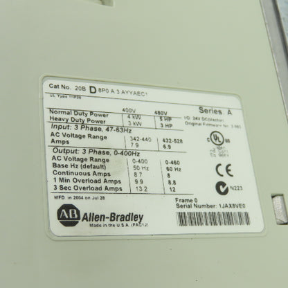 Allen-Bradley 20BD8P0A3AYYAEC1 PowerFlex 700 5HP AC Drive 3Ph 480V Ser A
