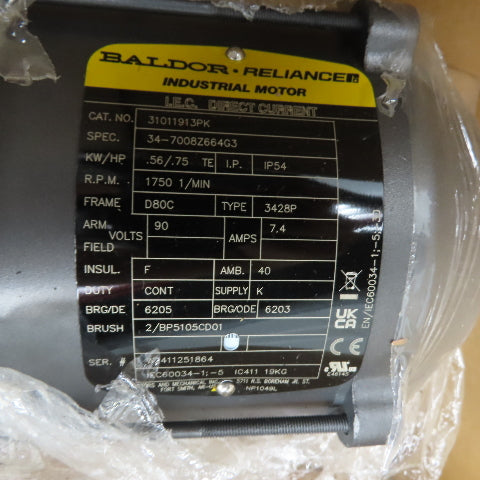 Baldor-Reliance 31011913PK 3/4HP DC Motor 90V 1750RPM D80C Frame