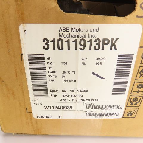 Baldor-Reliance 31011913PK 3/4HP DC Motor 90V 1750RPM D80C Frame