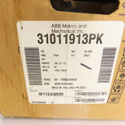 Baldor-Reliance 31011913PK 3/4HP DC Motor 90V 1750RPM D80C Frame