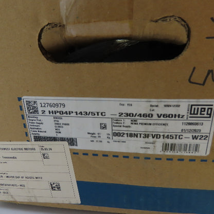 WEG 12760979 00218NT3FVD145TC-W22 2HP AC Electric Motor 230/460V 3Ph 145TC Frame