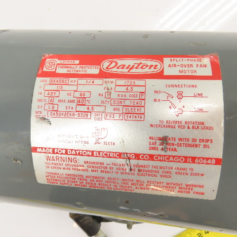 Dayton 6K406C 1/4HP Electric Fan Motor 115V 1725RPM 1Ph 48Y Fr.