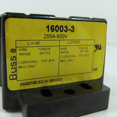 Bussmann 16003-3 255A 3-Pole Power Distribution Terminal Block 600V
