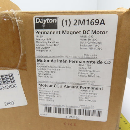 Dayton 2M169A 3/4HP Permanent Magnet DC Motor 90VDC 1750RPM 56C
