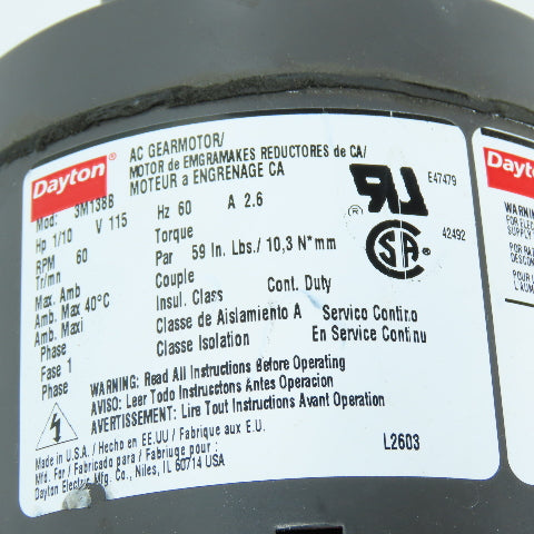 Dayton 3M138B 1/10HP 1Ph 60RPM 115V AC Gearmotor 59 in-lb