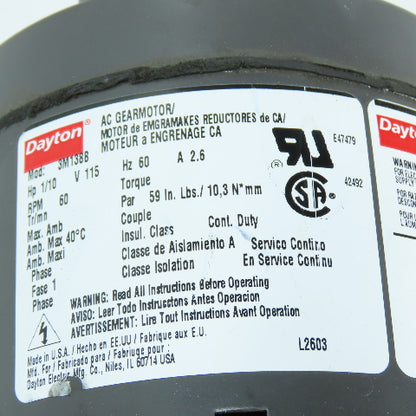 Dayton 3M138B 1/10HP 1Ph 60RPM 115V AC Gearmotor 59 in-lb