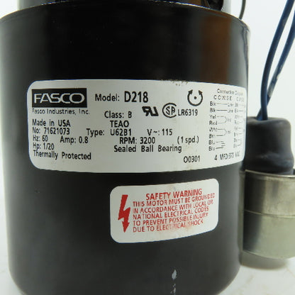 Fasco 71621073 D218 1/20HP 1Ph 115V 3200RPM TEAO Electric Motor