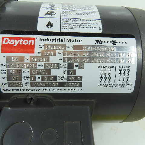 Dayton 2N863H 1/4HP Electric Motor 208-220/440V 1725/1425RPM 3Ph 56 Fr