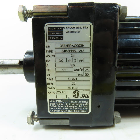 Bodine 34B3FEBL-W2 1/5HP 3Ph 24V DC 122RPM 20.4:1 Brushless DC Gearmotor