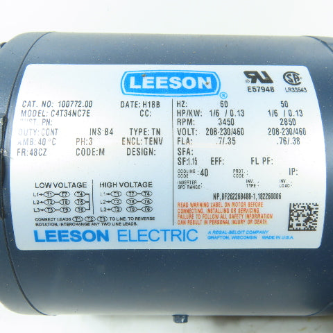 Leeson 100772.00 C4T34NC7E 1/6HP 3Ph 3450RPM 208-230/460V TENV Blower Fan