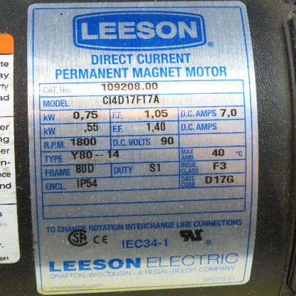 Leeson C14D17FT7A 0.75kW 90VDC 1800RPM Permanent Magnet DC Motor IEC 80D