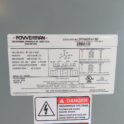 Powertran 3PT485PA150 150/120 kVA Auto Transformer 3Ph 480/277V Sec 316/604V Pri