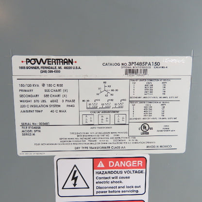 Powertran 3PT485PA150 150/120 kVA Auto Transformer 3Ph 480/277V Sec 316/604V Pri