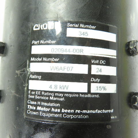 Crown 020944-00R W6AF07 Lift Truck 24VDC Hydraulic Pump Motor W/ Parker 140551