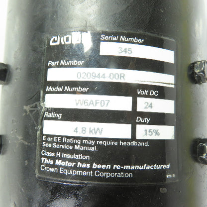 Crown 020944-00R W6AF07 Lift Truck 24VDC Hydraulic Pump Motor W/ Parker 140551
