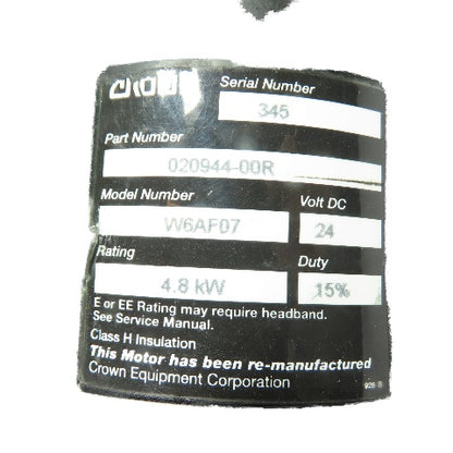 Crown 020944-00R W6AF07 Lift Truck 24VDC Hydraulic Pump Motor W/ Parker 140551