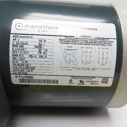 Marathon K238 5K49SN2184 2HP AC Electric Motor 200-230/460V 3Ph 3450RPM 56J Fr.
