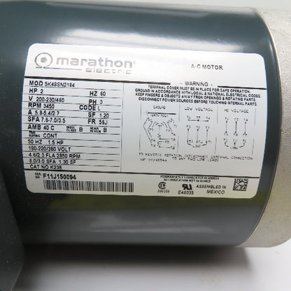 Marathon K238 5K49SN2184 2HP AC Electric Motor 200-230/460V 3Ph 3450RPM 56J Fr.