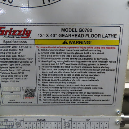 Grizzly G0782 13" x 40" Gearhead Floor Lathe 220V 1Ph 2Hp Tested