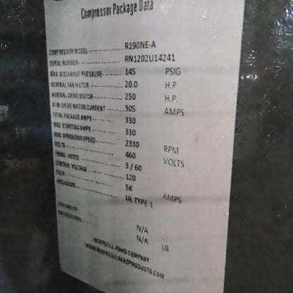 Ingersoll Rand R190NE-A Rotary Screw Air Compressor 145 PSIG 250 HP 460V 3Ph