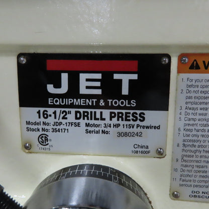 Jet 354171 JDP-17FSE 16-1/2" Floor Drill Press Variable Speed 3/4 HP 115V