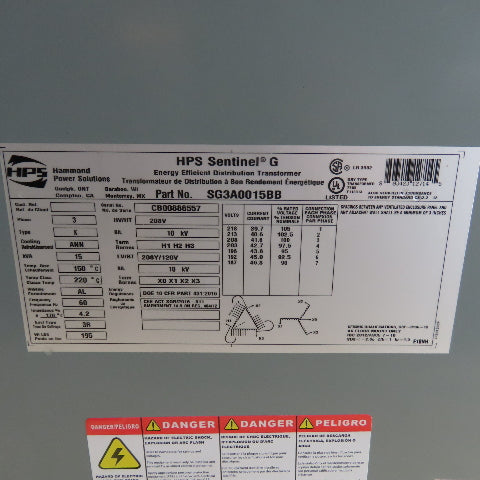 Hammond SG3A0015BB 15kVA 3Ph Dry Type Transformer 208V Pri 208Y/120V Sec