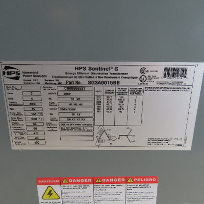 Hammond SG3A0015BB 15kVA 3Ph Dry Type Transformer 208V Pri 208Y/120V Sec