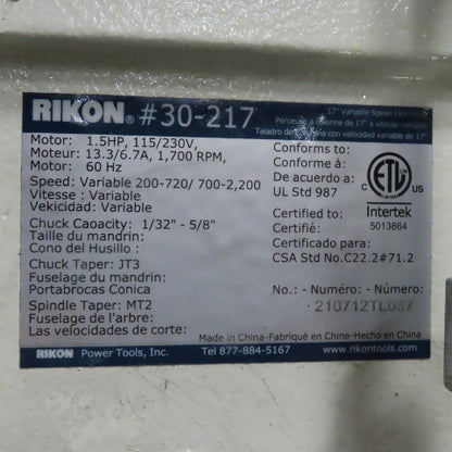 Rikon 30-217 17" Floor Drill Press Variable Speed 1.5 HP 115/230V 1Ph Tested