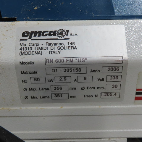 Omga RN 600 FM "US" 14" Radial Arm Saw 2.9 kW 230V 3Ph 9A 60Hz Cross Cut