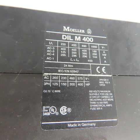 Moeller DIL M400 400A 3-Pole IEC Power Contactor 110-250V Coil