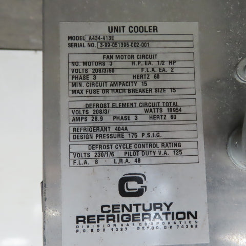 Century Refrigeration A434-413E 3 Fan Evaporator Unit Cooler R404A 208-230V 3Ph